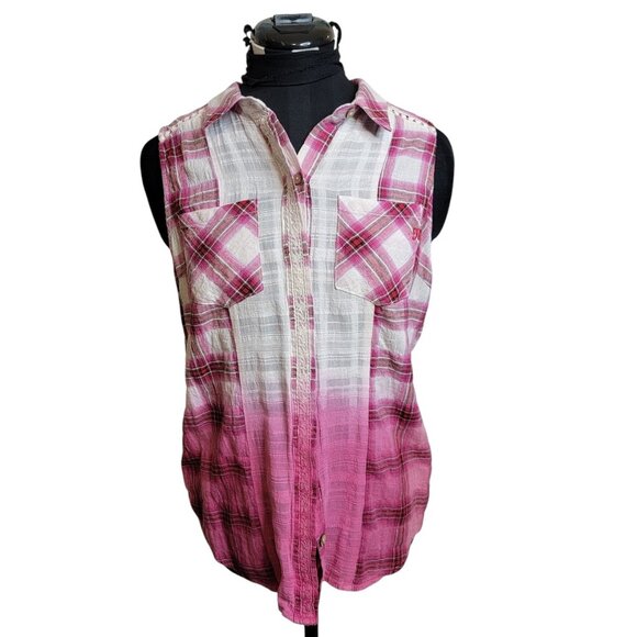 Miss Me Tops - Miss Me Pink Plaid Sleeveless Shirt with Lace Back Size M – Western Boho Festiva